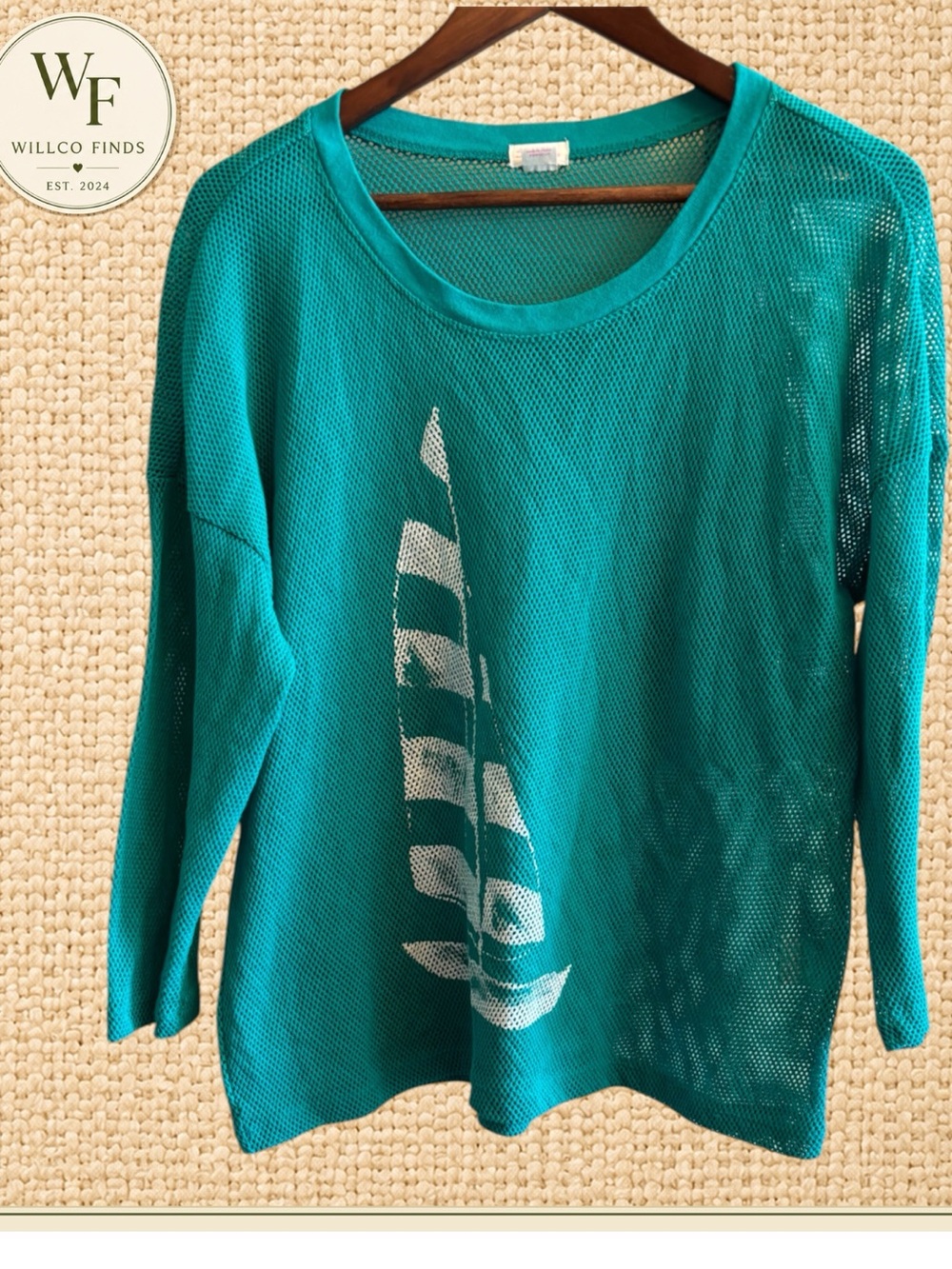 Sun Bay Teal Mesh Sailboat Graphic Top Women’s Large Retro Coastal Nautical